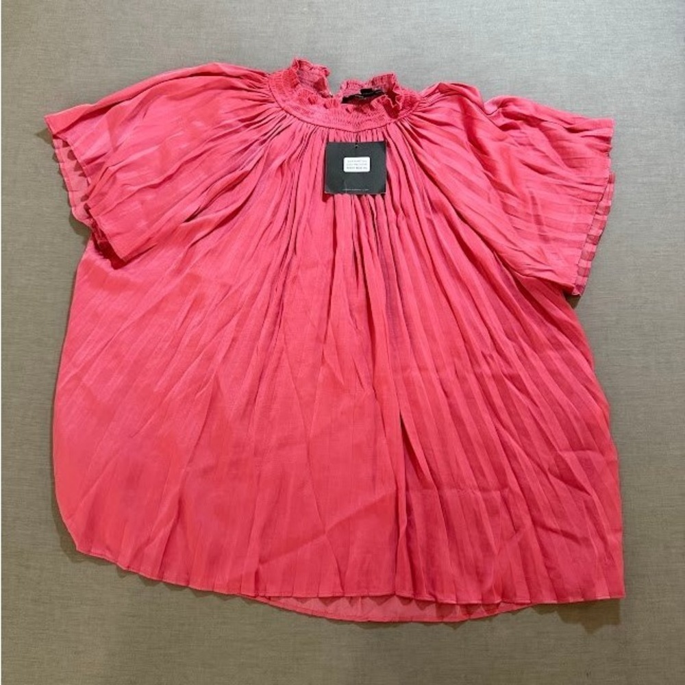 Marc New York Pleated Mock Neck Short Sleeve Coral Pink Top Womens Large‎ Boxy.